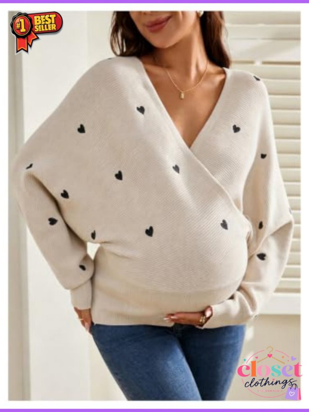 Maternity Wrap Sweater Heart Embroidered Dolman Sleeve Knit Pullover Pregnancy - Picture 2 of 4